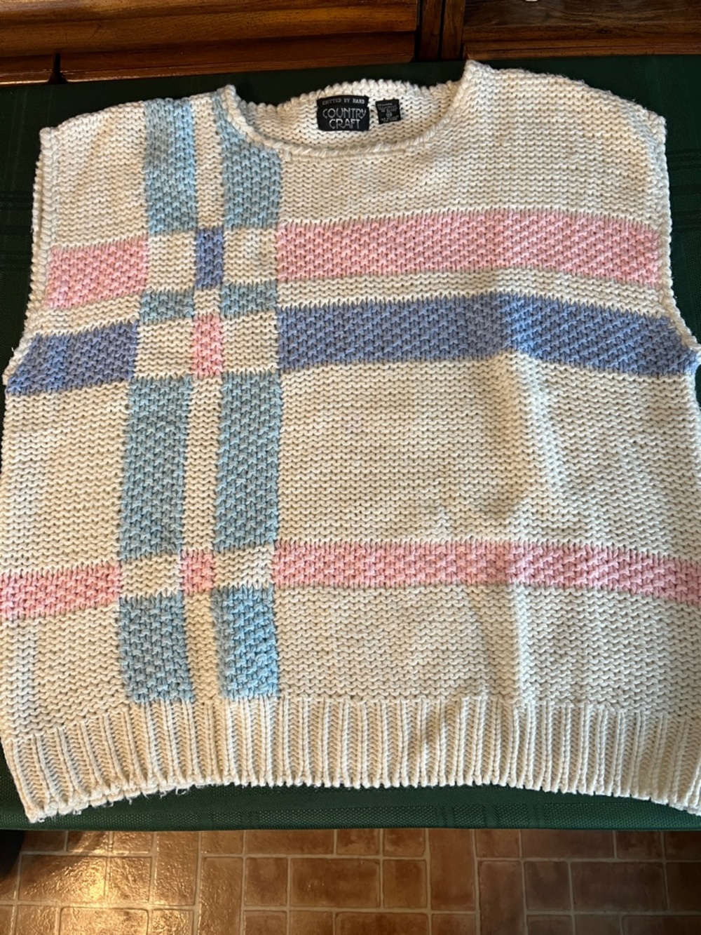 Country Craft Cream Knit Crewneck Sweater Vest with Pastel Pink & Blue Plaid